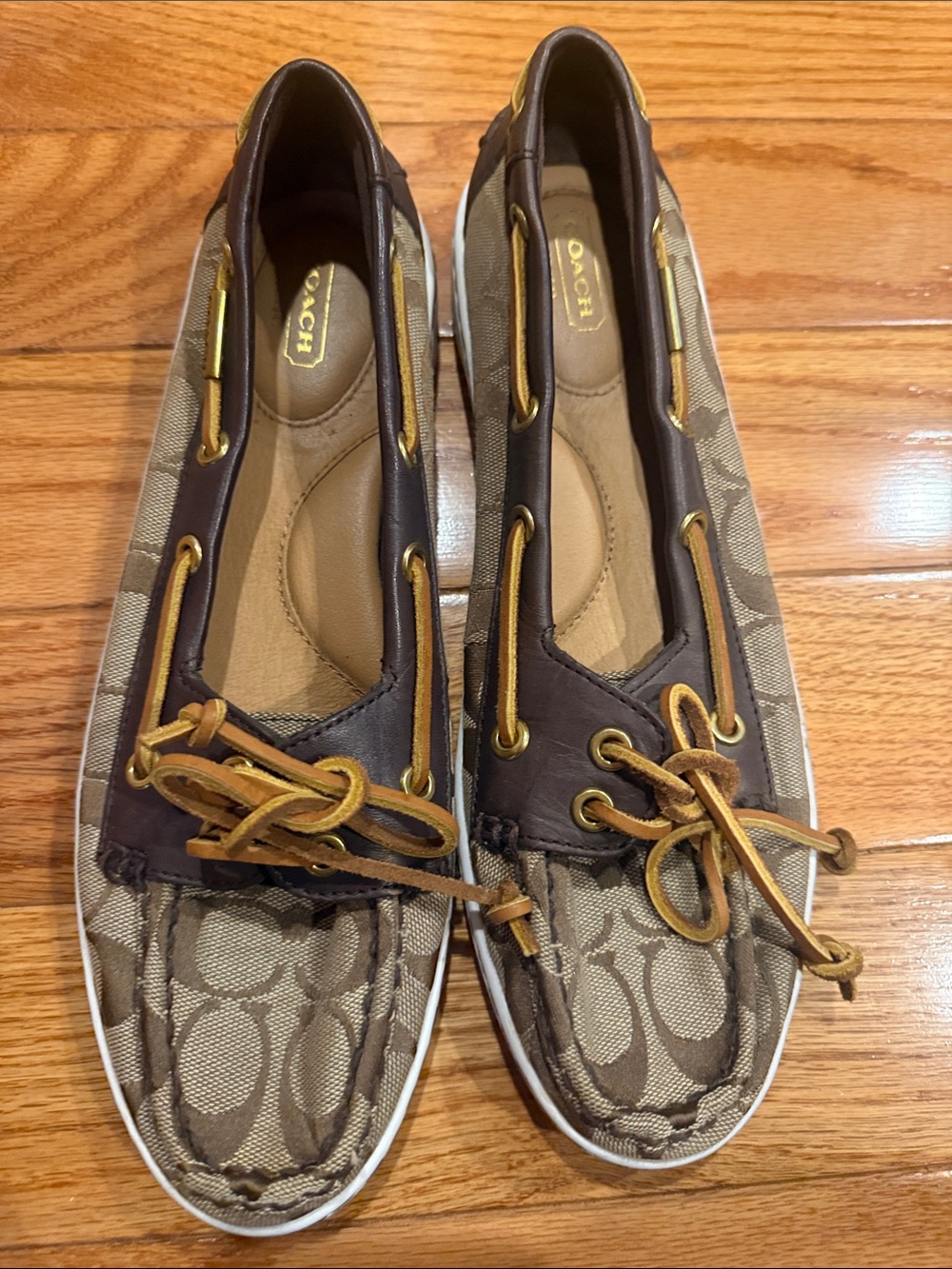 Coach Signature Canvas Moccasin Boat Shoes in Brown and Tan